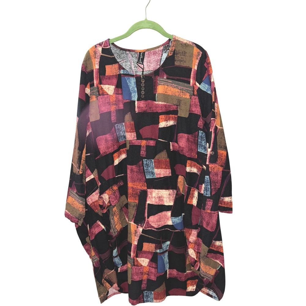 Sacred Threads Abstract Geometric Print Tunic Top L/XL Long Sleeve Pockets NWT